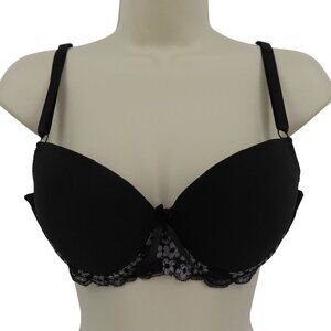 Mamia 36B Bra Style BR41919PLU1 Solid Black Underwire Padded Floral Lace Bow